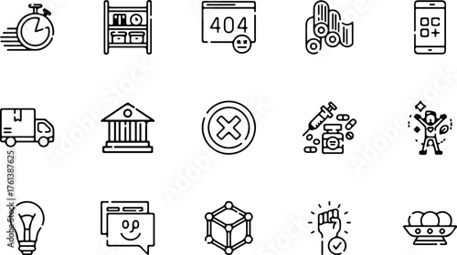 A collection of black and white line art icons representing diverse concepts such as technology, business, and healthcare.