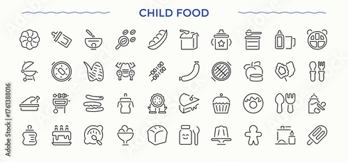 Child Food modern icon set. Featuring nourishment, babies food, cereal, feeding, meal, milk and more. Nutrition icon set. Thin UI icons. Pixel perfect. Editable stroke.