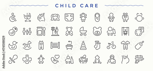 Child Care icon set. Containing baby, feeding, kid, health, child and more. Baby icon set. Thin line icons set. Editable vector illustration.