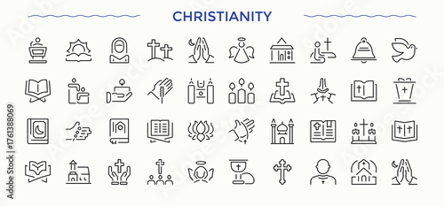 Christianity Religion icon set. Contain linear symbols pray, spirit, prayer, catholicism, christ. Church modern icon set. Minimal thin line web icons set. Vector collections.