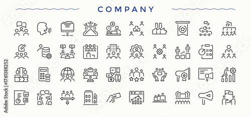 Company icon. Containing idea, value, design, responsibility, core, open and more. Company icon set. Vector outline icons collection. Signs for web and mobile app.