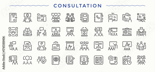 Consultation icon. Related to office, 6on, management, consulting expert, business, plan, consultant. Modern thin line style icons. Vector illustration. Pixel perfect. Office linear icon collection.