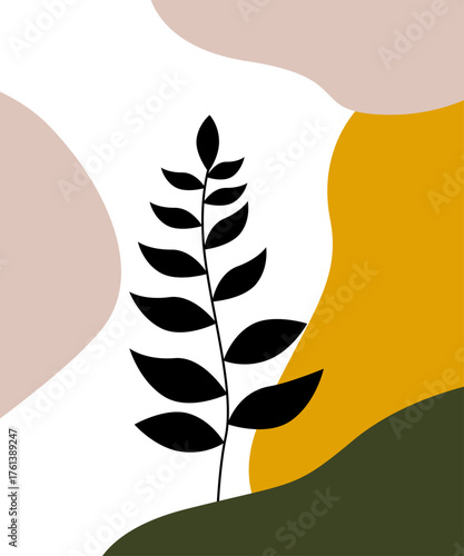 A modern boho vector illustration featuring a black botanical leaf silhouette with abstract organic shapes in beige, mustard yellow, and olive green. Perfect for wall art, posters, etc.