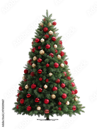 A large Christmas tree with red and gold ornaments
