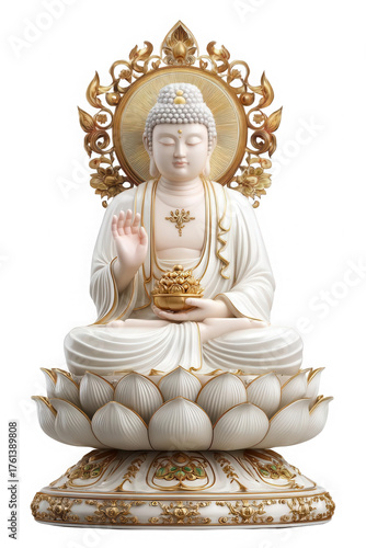 Divine Serenity: A serene Buddha statue sits gracefully atop a lotus flower, its form radiates tranquility, capturing a sense of inner peace. 