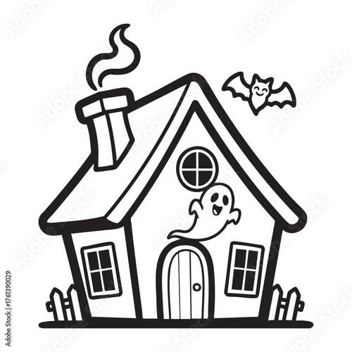Haunted House with Ghost Halloween Coloring Page