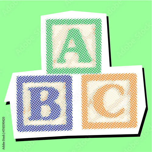 ABC education block halftone dotted collage element pointillize in paper torn vector. Ideal for learning, alphabet, and childhood themes.