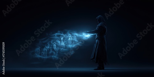 Backlit Highlight Fantasy concept. Mysterious figure conjuring glowing silhouettes in a dark environment.