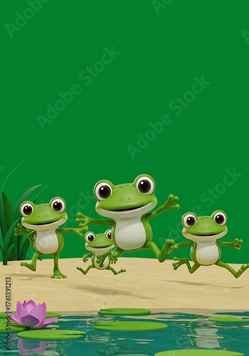Animated Frogs Leaping Near Water Lily on Green Background.