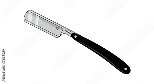 A classic straight razor with a sharp steel blade and black handle isolated on a white background.