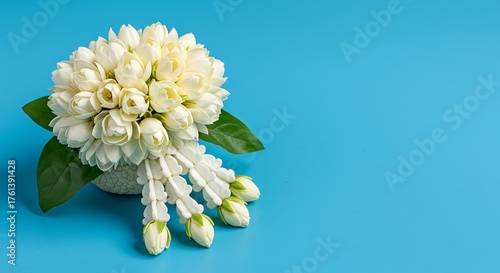 Beautiful Jasmine Garland on a Vibrant Blue Background.