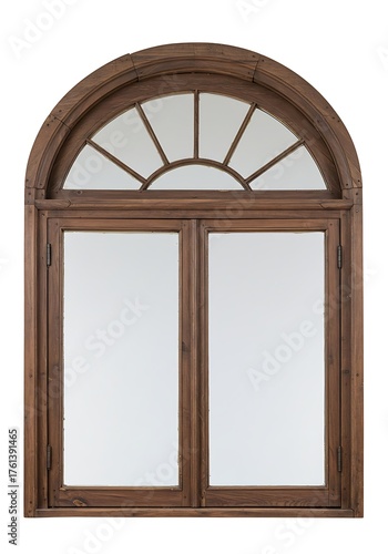 Antique Wooden Window with Arched Transom and Divided Panes.