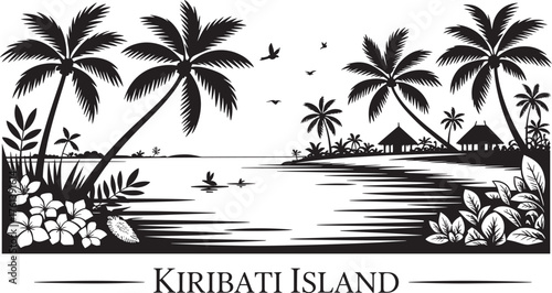 Kiribati Island Coastal Scene with Palm Trees Huts and Birds Flying Tropical Vector