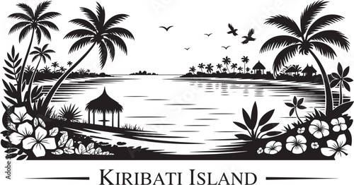 Kiribati Island Tropical Beach Resort Landscape Silhouette with Palm Trees and Ocean View