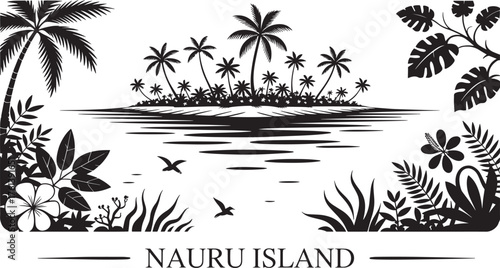 Nauru Island Coastal Landscape Silhouette with Palm Trees and Birds Over Ocean Waters