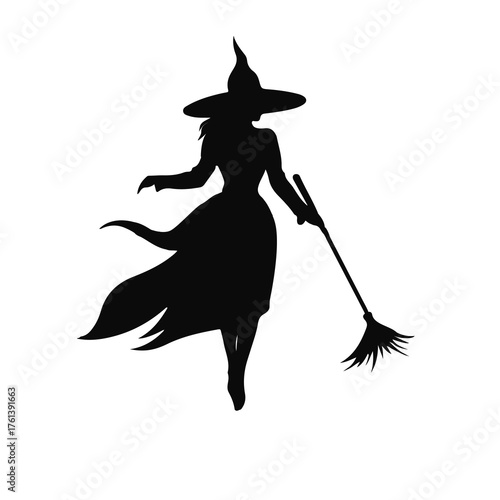witch, silhouette, broomstick, flying, magic, halloween, spooky, costume, fantasy, night, dark, illustration, vector, icon, character, woman, female, hat, dress, supernatural, witchcraft, sorceress, m