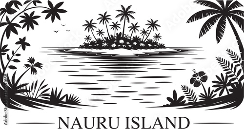 Nauru Island Pacific Ocean Landscape Silhouette with Palm Trees and Central Island Formation