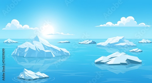 Arctic Icebergs Floating in a Bright Blue Ocean Under a Sunny Sky.