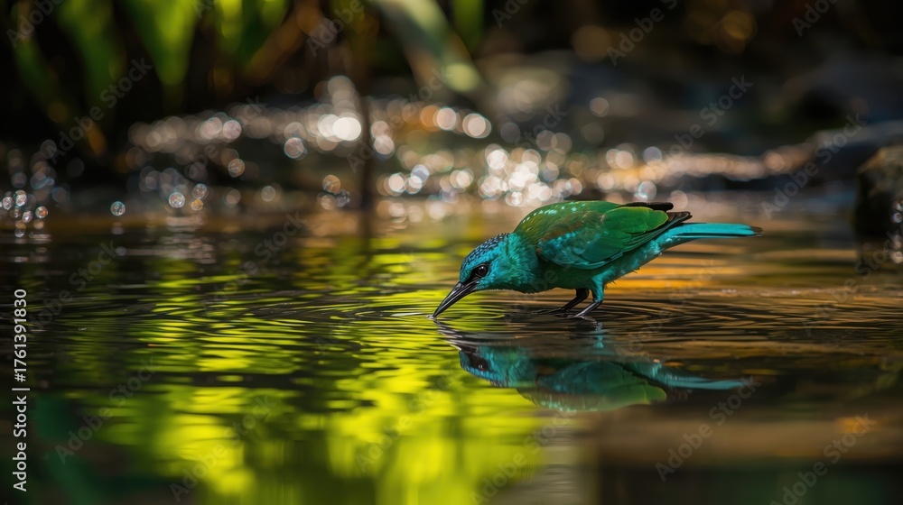 Fototapeta premium Turquoise bird drinking water from a reflective pond in a lush environment