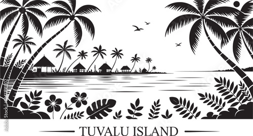 Serene Tuvalu Island vector with palm trees, beach huts, and diverse tropical flora on transparent ground