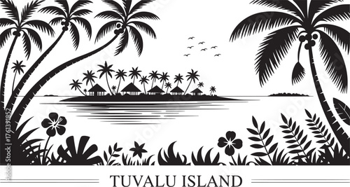 Stylized Tuvalu Island scenery featuring numerous palm trees, traditional huts, and varied tropical plants