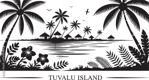 Tuvalu Island beach scene silhouette with bungalows tropical landscape and flowers