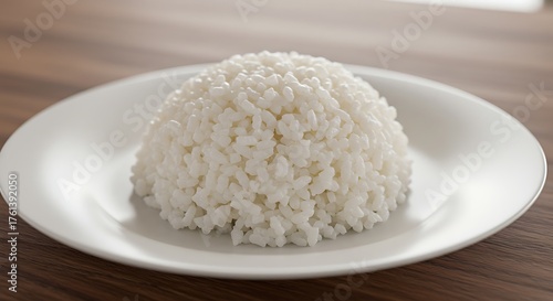 Aromatic and Fluffy Rice Bowl on a White Plate, Served on a Wooden Table
