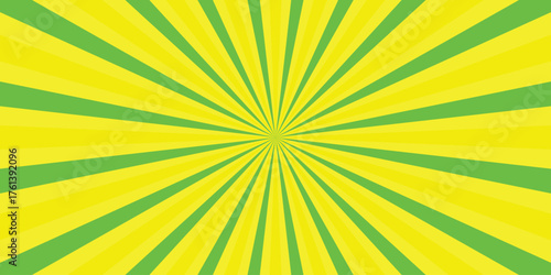 Energetic yellow and green sunburst background with radiating stripes, ideal for vibrant graphic design, playful themes, and dynamic visual compositions with a retro feel