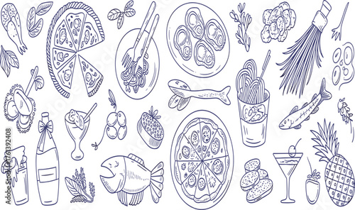 Hand drawn food doodle collection with pizza, seafood, pasta, fruits, drinks and snacks for restaurant menu illustration