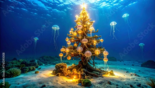 Fototapeta Naklejka Na Ścianę i Meble -  Surreal Underwater Christmas Tree with Jellyfish Ornaments in Deep Blue Sea