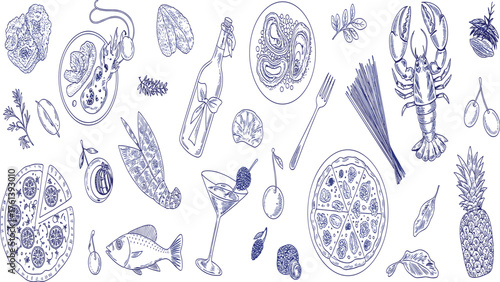 Hand drawn seafood and pizza illustration with pasta, drinks, fish, fruits and gourmet ingredients for culinary design and menus