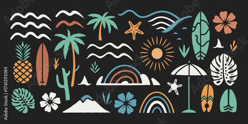 Vibrant tropical summer vacation elements collection with palm trees surfboards sun and ocean waves