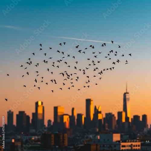 Birds Flying Over City Skyline at Sunset, Beautiful Evening View.