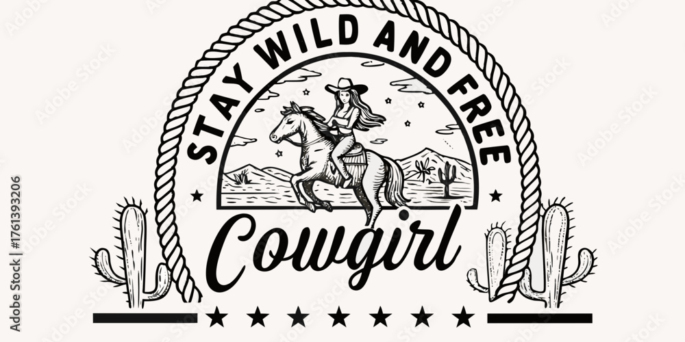 Fototapeta premium Stylized illustration of a cowgirl riding a horse in a desert landscape with cacti and mountains text reads stay wild and free cowgirl
