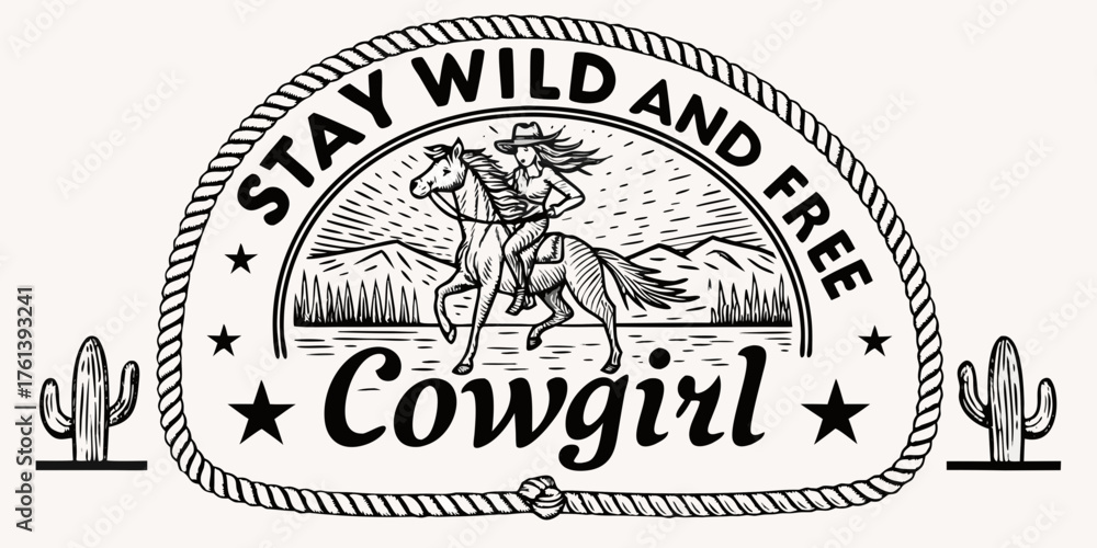 Fototapeta premium Vintage style illustration of a cowgirl riding a horse with mountains and cacti text stay wild and free