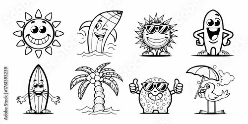 Collection of eight cheerful cartoon characters enjoying summer vacation activities and beach themes