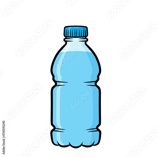 Blue plastic water bottle illustration. Clear refreshing drink container representing hydration, fitness, and health. Great for design, label, or educational materials