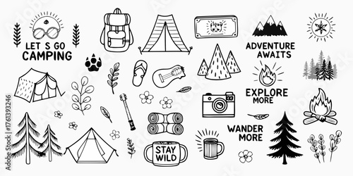 Collection of hand drawn camping and adventure icons with inspirational quotes and nature elements
