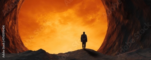 Backlit Highlight Fantasy concept. A person stands in a cave, framed by a glowing orange sunset.