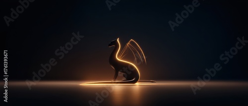 Backlit Highlight Fantasy concept. Mystical dragon silhouette with glowing wings in dark setting.