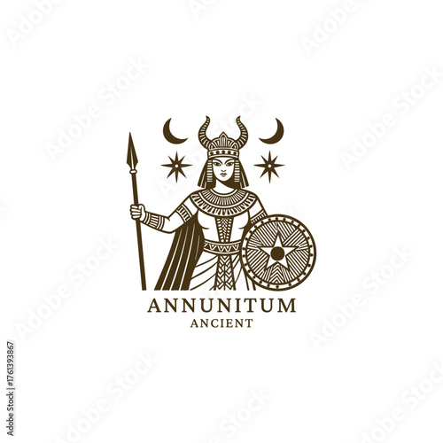 Vintage engraving of the Mesopotamian Goddess Annunitum, the warrior deity. This powerful logo features the goddess wearing a horned headdress, holding a spear and a patterned shield