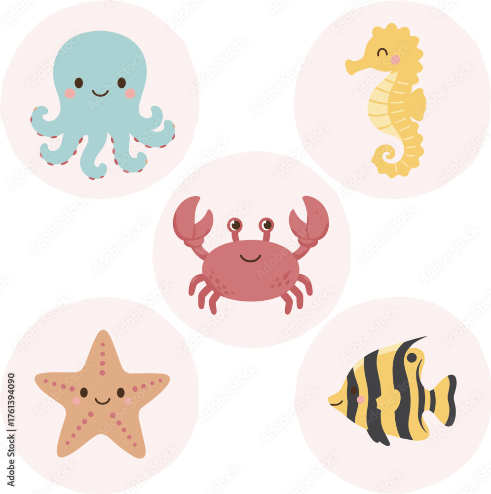 Obraz premium A Vector Icon Set of Cute and Adorable Sea Animal Characters in a Kawaii Style