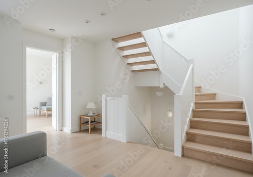 Bright Interior with Wooden Staircase and Minimalist Design.
