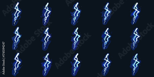 Collection of stylized blue lightning bolts with glowing white centers on a dark background