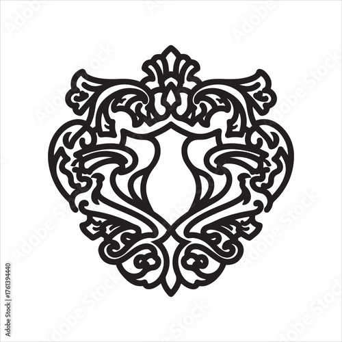 Ornate coat of arms shield with elaborate scrollwork and elegant flourishes