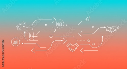 Business Process Flow with Icons and Arrows on Gradient Background.