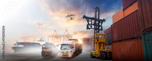 Global business of Container Cargo freight train for Business logistics concept, Air cargo trucking, Rail transportation and maritime shipping, Online goods orders worldwide