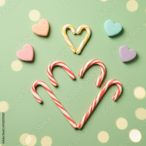 Candy Canes and Heart-Shaped Candies on Green Background.