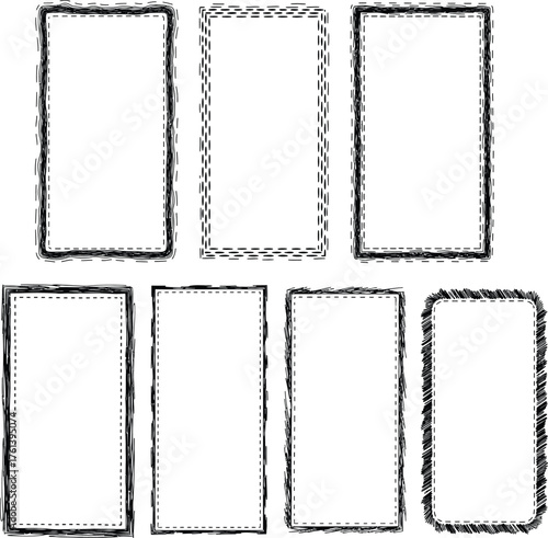 Adobe Illustrator Artwork, Collection of seven hand drawn rectangular frames with rough textured borders on a white background graphic design elements