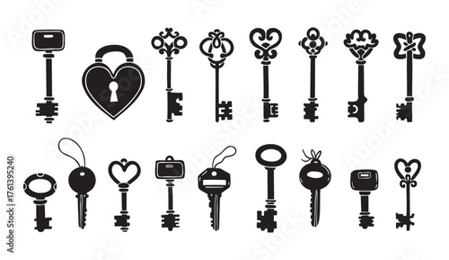 Hand drawn silhouette Keys. Doodle various vintage, modern and cute isolated keys. Different types, sizes.